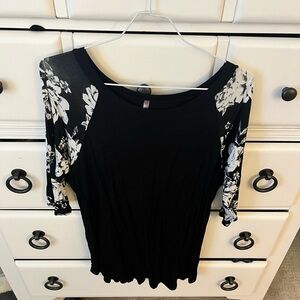Black Scoop-Neck Tunic with White Floral Raglan Sleeves
